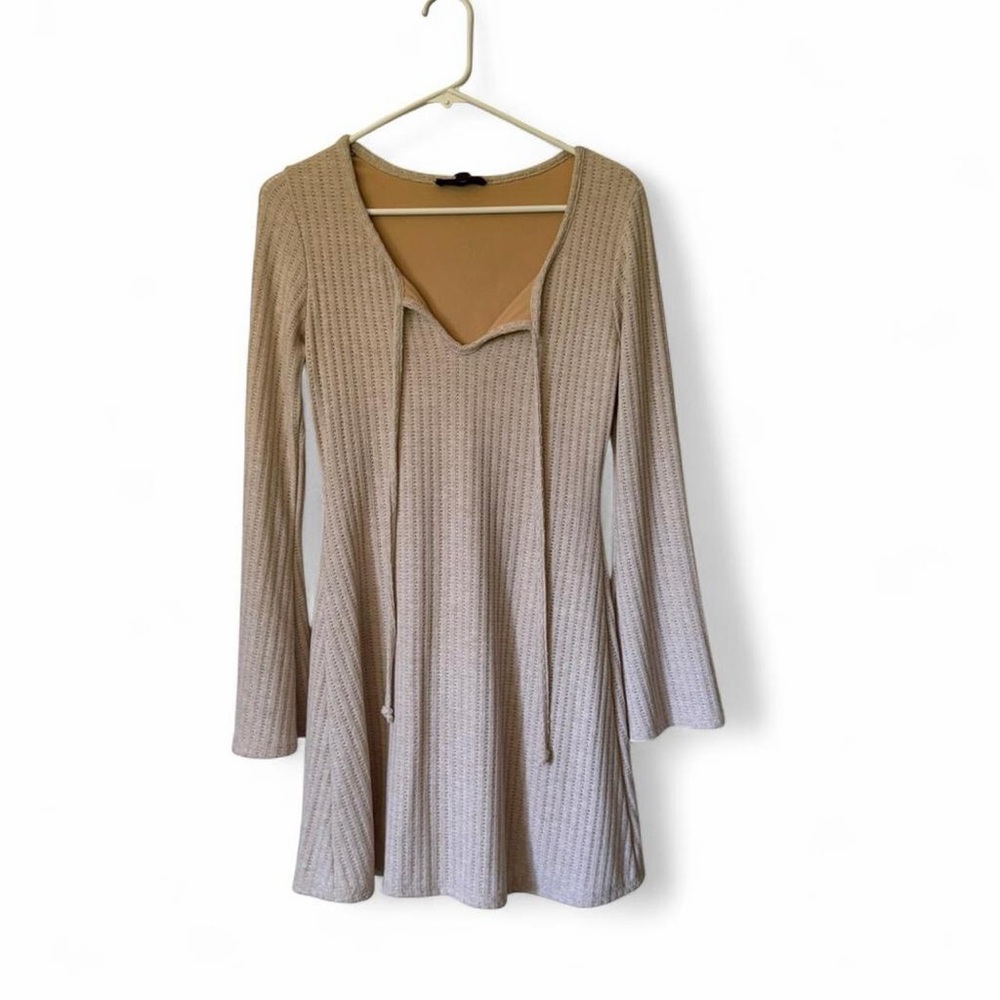 See You Monday Beige Ribbed V-Neck Long Sleeve Dress